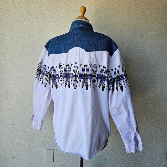 Adobe Rose VIntage 90s Western Two Tone White Blue Aztec Feather Button Shirt M - Picture 6 of 8